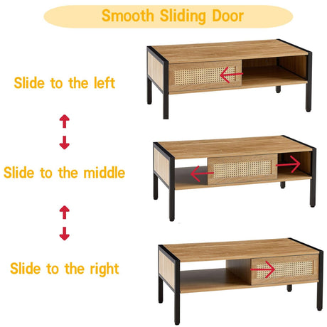 YOUGUO Boho Coffee Table for Living Room, 40.16" Rattan Coffee Table with Sliding Doors & Metal Legs, Mid-Century Center Table for Small Space, Natural YOUGUO