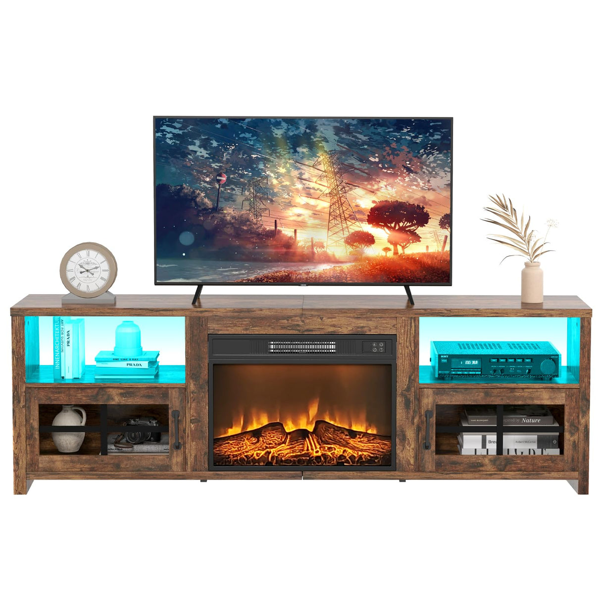 Livofloral Fireplace TV Stand for 75 Inch TV with LED Lights, Entertainment Center with 23” Electric Fireplace, LED TV Console Table with Open Storage Shelves & Cabinets for Living Room, Brown Livofloral