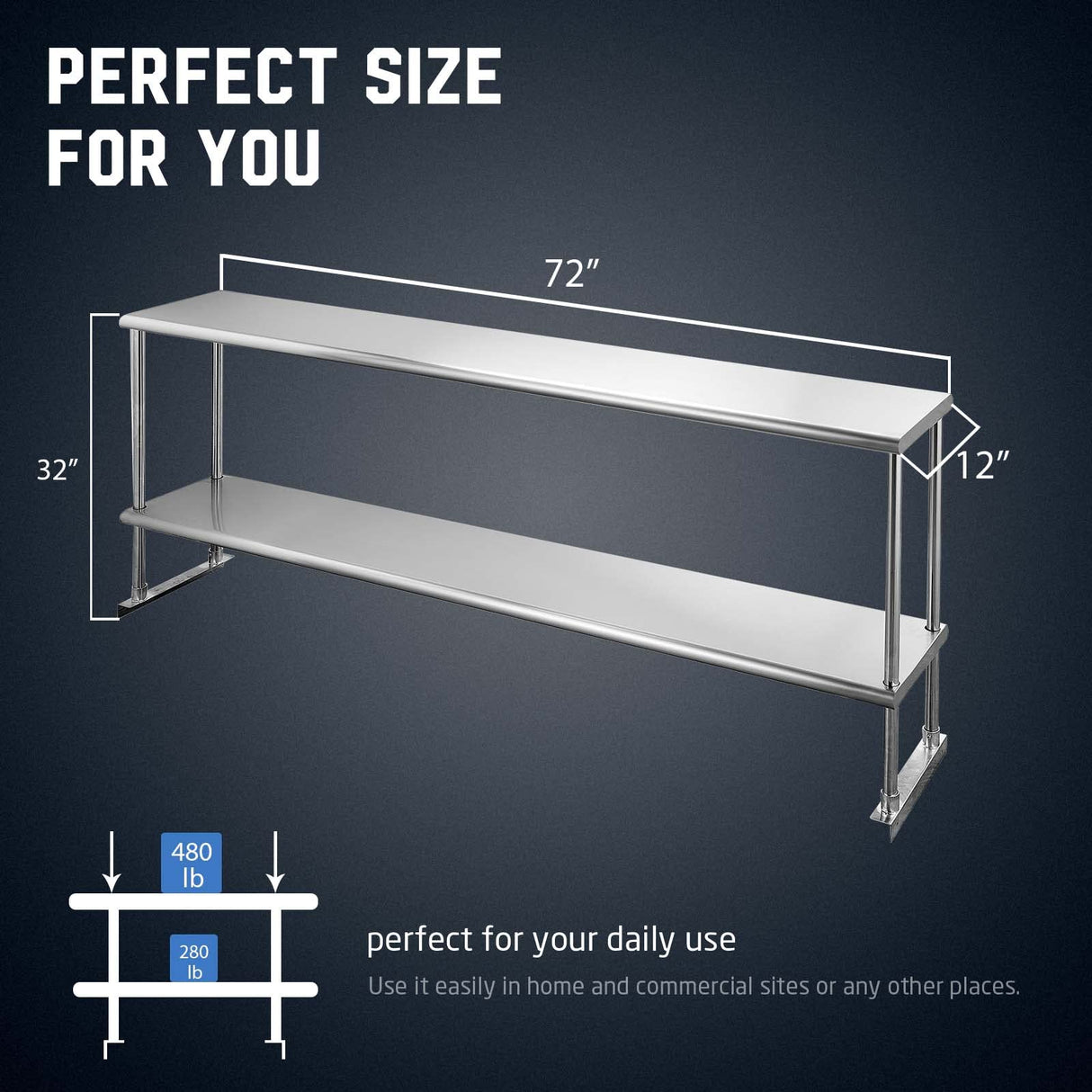 Profeeshaw Stainless Steel Overshelf for Prep & Work Table 12” x 72” NSF Commercial Adjustable Double Shelf 2 Tier for Restaurant, Bar, Utility Room, Profeeshaw