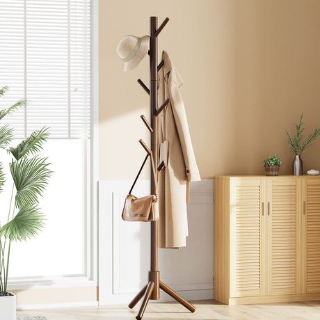 Pipishell Sturdy Wooden Coat Tree with 8 Hooks, 3 Adjustable Sizes for Clothes, Hat Stand Used in Bedroom/Office/Entryway, Brown Pipishell