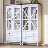 72" Tall Bookcase Set of 2 with Glass Doors, Farmhouse 3Tier Book Shelf with 2 Drawer, Arc Wood Bookshelf with Storage Cabinet, Freestanding Display Bookshelves, China Cabinet for Living Room, Office FFBCFDK