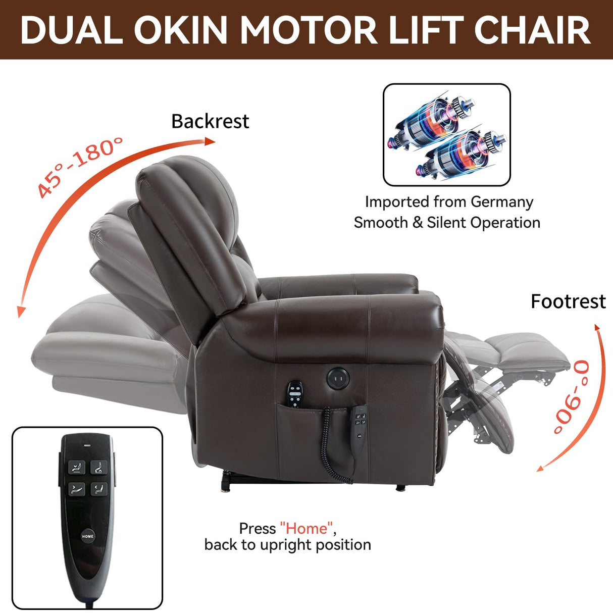 Dual Motor Power Lift Chair, Lay Flat Recliner Chair, Electric Recliner with Massage and Heat for Elderly, Remote Control, Infinite Position, Standing Assistance, USB Ports, Genuine Leather, Brown Trustyue