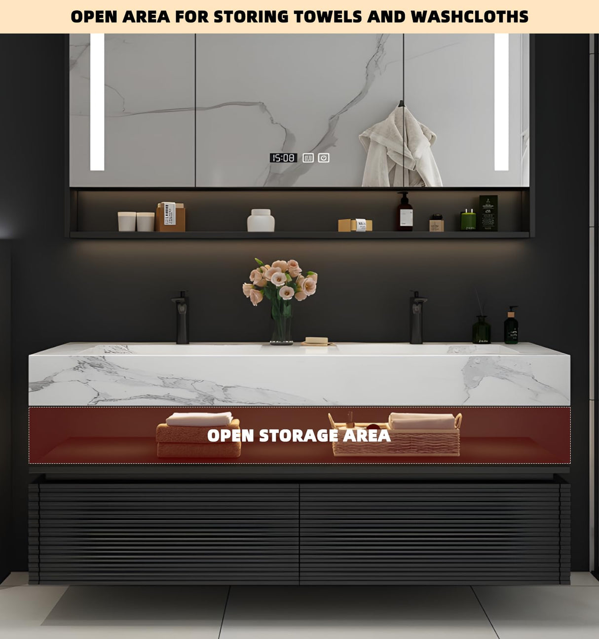 Double Sink Bathroom Vanity, Floating Bathroom Vanity with LED Smart Defogging Mirror and One-Piece Sink, Modern Bathroom Vanities with Open Floating Shelf, Rock Countertop & Faucet (Black,72") LUTHXAY