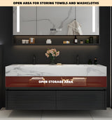 Double Sink Bathroom Vanity, Floating Bathroom Vanity with LED Smart Defogging Mirror and One-Piece Sink, Modern Bathroom Vanities with Open Floating Shelf, Rock Countertop & Faucet (Black,72") LUTHXAY