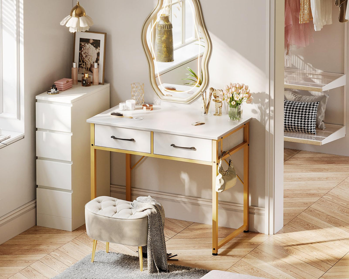 ODK 32 Inch Vanity Desk with Fabric Drawers & Versatile Hook, Makeup Dressing Table with Storage, Home Office Desks for Bedroom, Modern Writing Desk for Small Spaces, White and Gold Leg (No Mirror) ODK