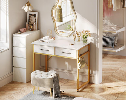 ODK 32 Inch Vanity Desk with Fabric Drawers & Versatile Hook, Makeup Dressing Table with Storage, Home Office Desks for Bedroom, Modern Writing Desk for Small Spaces, White and Gold Leg (No M - WoodArtSupply