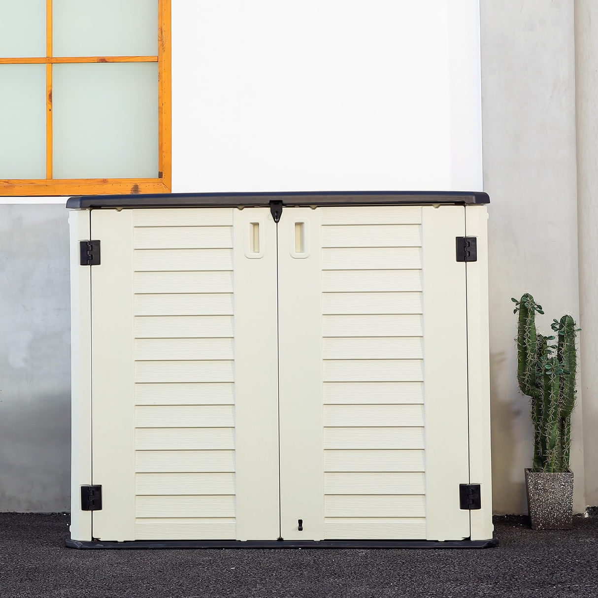 Mrosaa Outdoor Patio Storage Shed,Waterproof Horizontal Outdoor Storage Cabinet for Garbage Cans,Tools and Lawnmower Lockable(34 Cu.ft-Warm-White) Mrosaa