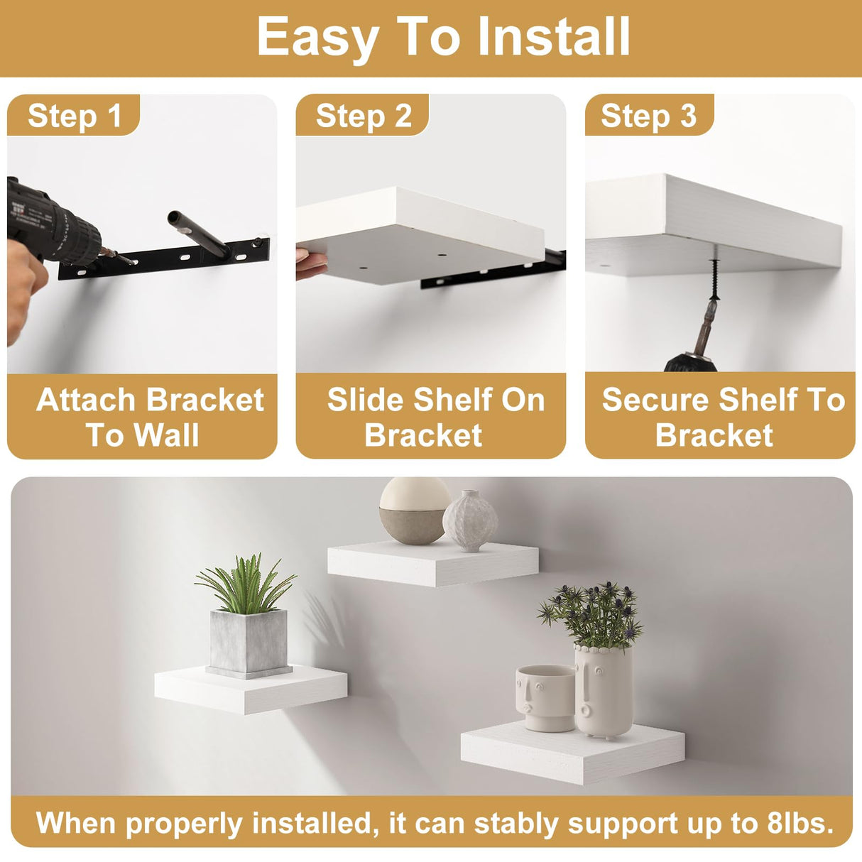 Fixwal Floating Shelves for Wall, Small White Shelves Wall Mounted Shelf for Bathroom, Living Room, Bedroom, Kitchen Decor (Set of 3, 8x8) Fixwal