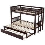 Twin Over Double Twin Bunk Bed with Trundle, Convertible Bottom Bed, Pull-Out Multi-Functional Bunk Bed Can for 4 People, Wooden Bunk Bed with Ladder and Safety Rail, Espresso Bellemave