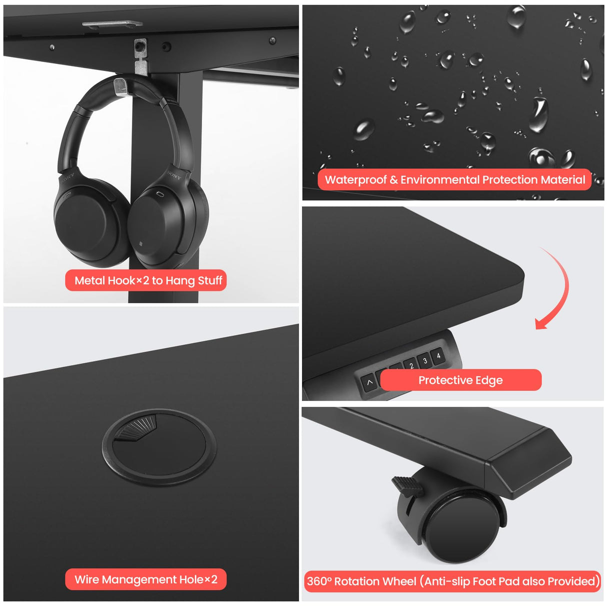 KORGOL Electric Standing Desk 48 x 24 Inches Adjustable Height Sit Stand Up Desk for Home Office Computer Desk Memory Preset with Headphone Hook and Black Frame/Black Top KORGOL