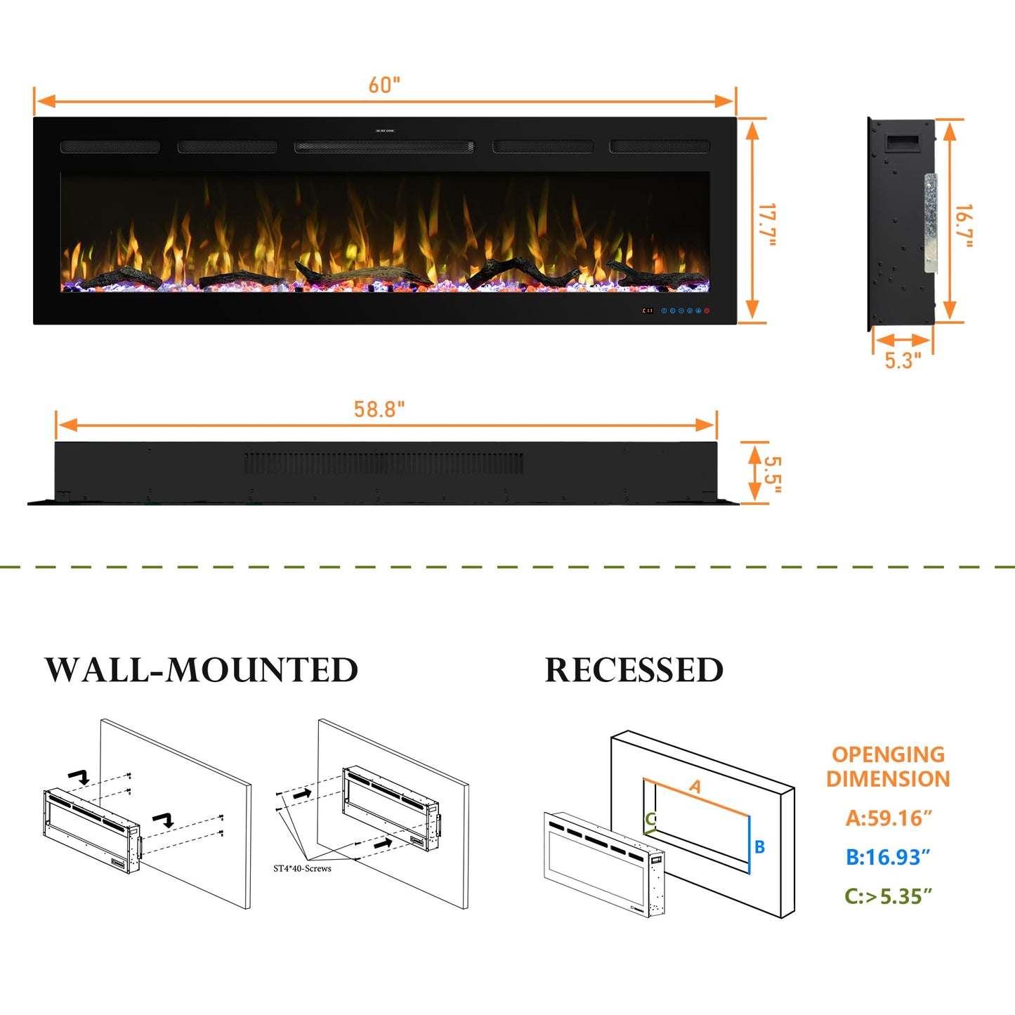 Velaychimney 60" Smart WiFi Electric Fireplace Insert, 13 Flame & Fuel Bed with Automatic Cycle, Fireplace Heater with APP Control & Thermostat, Timer, Recessed and Wall Mounted