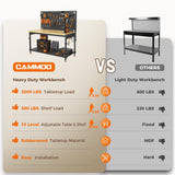 CAMMOO 48" Heavy Duty Work Bench Adjustable Height Max Load 2000 LBS with Storage Shelf for Garage Workbench, Rubberwood Tabletop with Pegboard, LED Light, Built-in Power Strip for Woodworking Shop CAMMOO