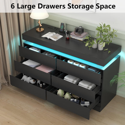 Gyfimoie 6 Drawer Dresser with Power Outlet, Black Dresser with LED Light, Modern Chest of Drawers for Closet, Double Wide Drawer Organizer Cabinet for Bedroom, Living Room, Entryway, Hallway (Black)