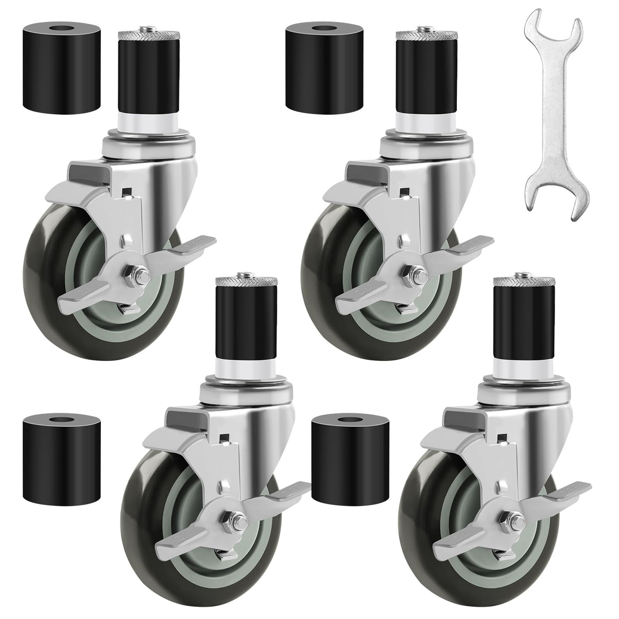 Besitu 4 inches Prep Table Wheels Set of 4, 1-1/2" Expanding Stem Caster with Side Brake for Stainless Steel Table, Cart, Furniture Legs, Commercial Kitchen Appliances, Workbench Besitu