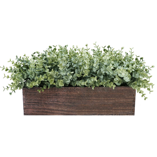 Winlyn 14" Artificial Eucalyptus in Rectangular Wood Planter Box Faux Plants Arrangement Centerpiece Wooden Potted Eucalyptus Plant for Farmhouse Wedding Dining Table Centerpiece Greenery Mantel Décor