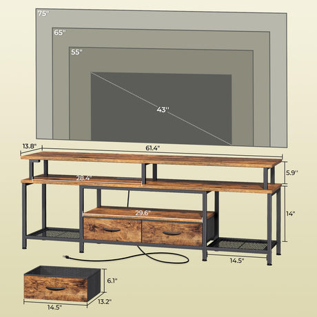 Huuger TV Stand for 65, 70, 75 Inch TV, Entertainment Center with Power Outlets and LED Lights, TV Console for Living Room, Media Console with Drawers and Shelves, Rustic Brown Huuger
