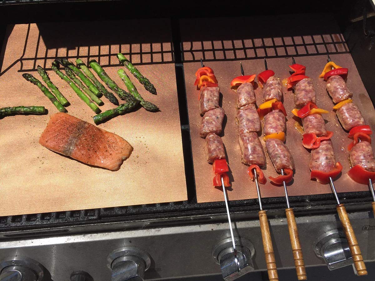 LOOCH Copper Grill Mat Set of 5 - Non-Stick BBQ Outdoor Grill & Baking Mats - Reusable and Easy to Clean - Works on Gas, Charcoal, Electric Grill and More - 15.75 x 13 Inch