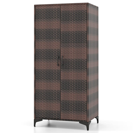 Giantex Wicker Storage Cabinet, 62” Tall Pantry Cabinet with 2 Doors, Hanging Rod, 4 Storage Cubes, Metal Legs, Anti-Tipping Device, PE Rattan Storage Cabinet for Home Office, Garage Cabinets (Brown) Giantex