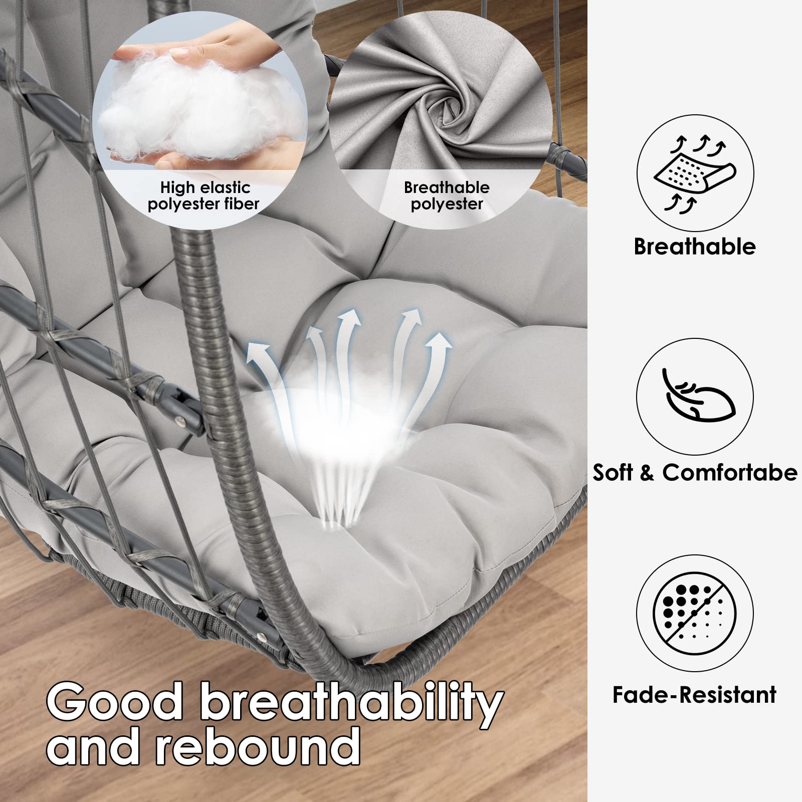 Egg Swing Chair with Stand Hanging Egg Chair Outdoor - Rattan Wicker Patio Hanging Basket Chair Hammock Chair with Aluminum Steel Frame and UV Resistant Cushion for Indoor Bedroom Balcony (Gr - WoodArtSupply