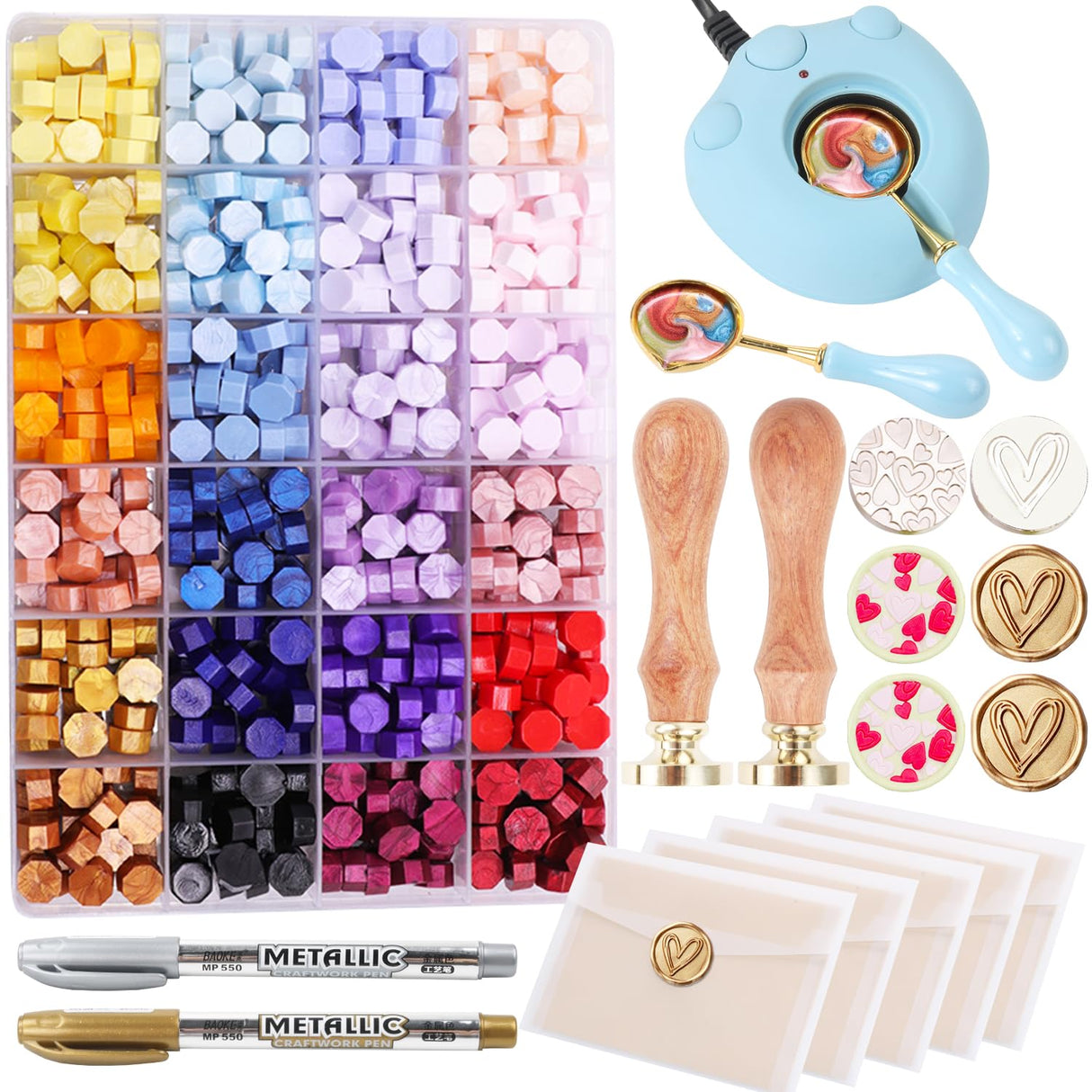 WASOHLING Wax Seal Kit - 24 Color Wax Beads (600pcs), Love Heart Stamps, Electric Warmer, Metallic Pen, Envelopes Sealing Kit for Wedding Invitations WASOHLING