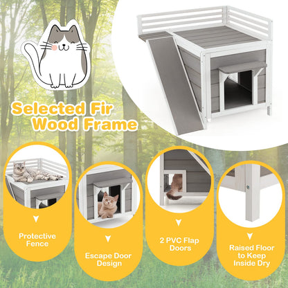 Tangkula 2-Story Outdoor Cat House, Feral Kitty Houses with Escape Doors, PVC Curtains, Cat Balcony, Cat Condo, Wide Side Ladder, Outdoor Indoor Cat Shelter Weatherproof for Home, Patio - WoodArtSupply