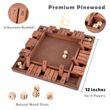Shut The Box Game Wooden 4 Player, Classic Board Game for Kids & Adults, Educational Math Learning Toy, Table Dice Game for The Party Family or Bar - 12 Inch with 8 Dice WOOD CITY