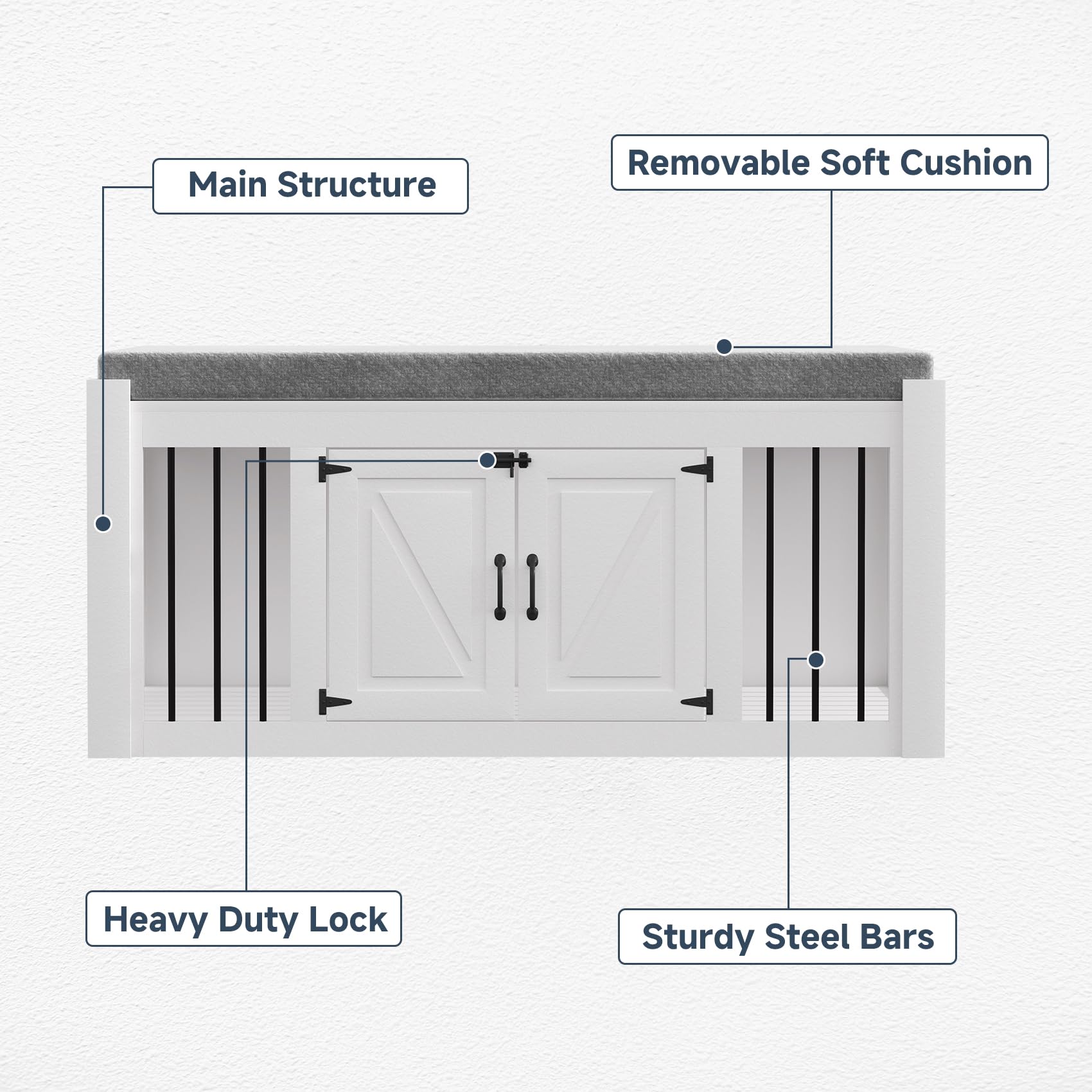 Faceket Indoor Dog Crate Furniture with Padded Seat, Wooden Dog Kennel, End of Bed Bench Ottoman with Removable Cushion, 47.2" L x 23.6" W x 22.4" H，White - WoodArtSupply