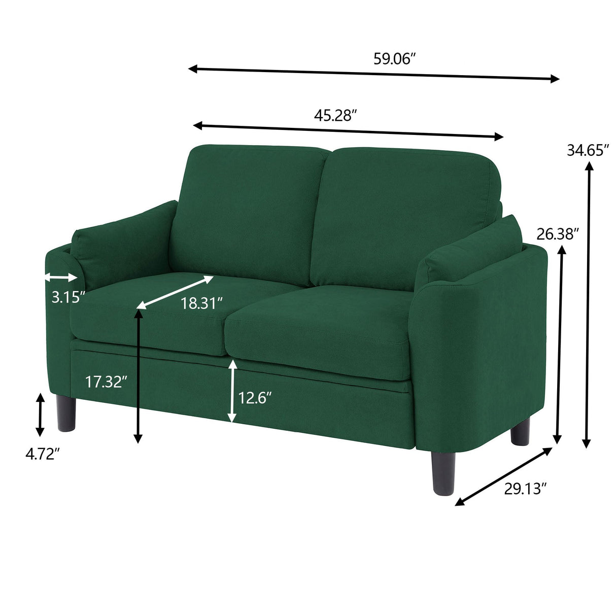 Pingliang Home 60" Loveseat Small Couch, Mid Century Modern Love Seat with Back Cushions and Wood Legs, 2 Seater Small Sofa for Living Room, Bedroom, Dorm and Small Spaces, Green Pingliang Home