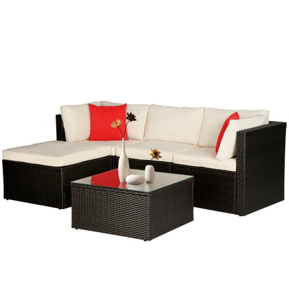 5 Pieces Patio Furniture Outdoor Wicker Sectional Patio Rattan Chair Conversation Backyard Lawn Porch Poolside Balcony Garden Sofa Set with Glass Coffee Table, Brown - WoodArtSupply