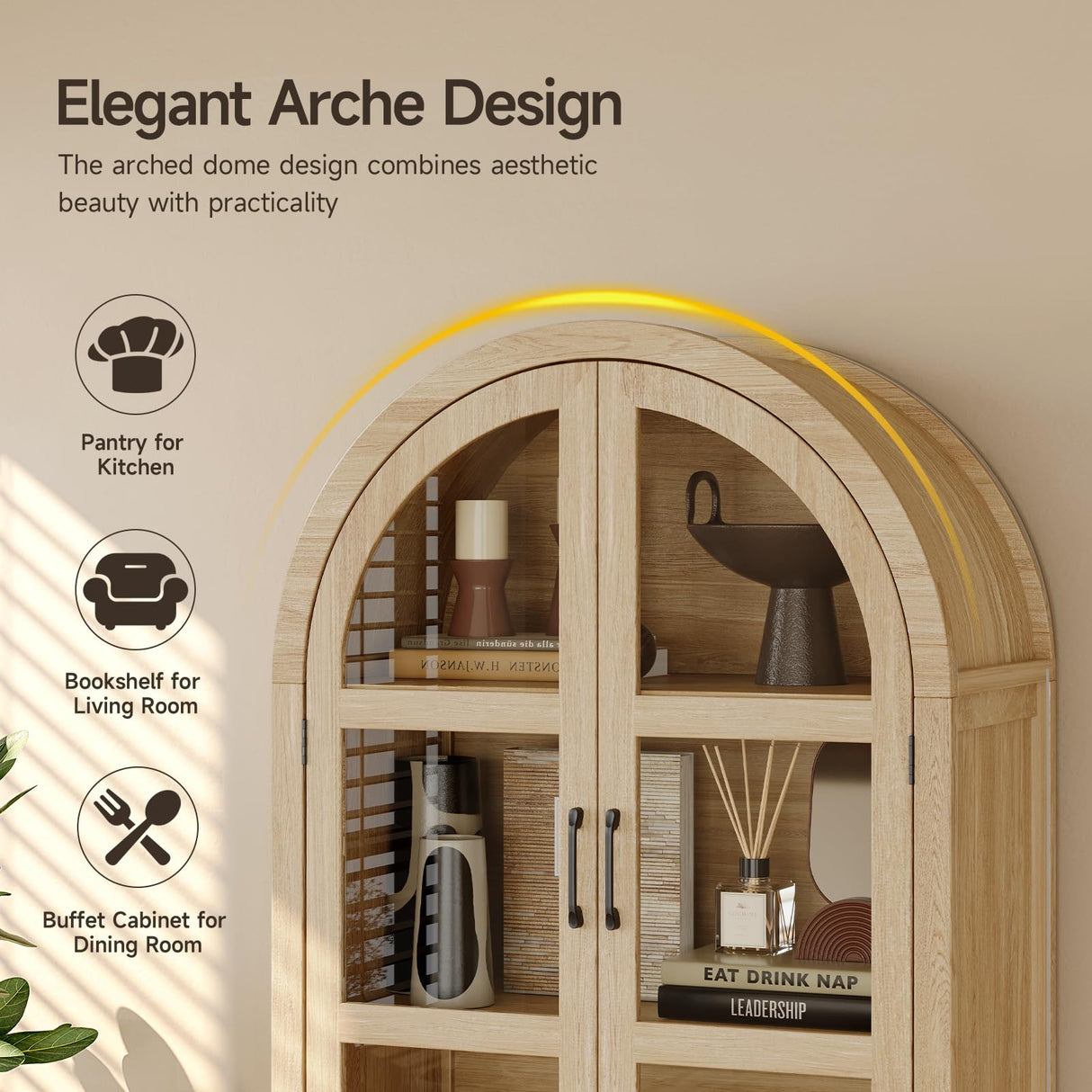 ONBRILL 71" Tall Arched Cabinet, 5-Tier Arched Kitchen Pantry with Glass Doors & Shelves, Modern Display Storage Cabinets with Adjustable Feet, Wooden Pantry Cabinet for Living Room, Dining Room ONBRILL