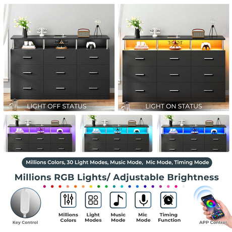 AOGLLATI Black Dresser for Bedroom with 9 Drawers, Dressers & Chests of Drawers with Column Design & Charging Station,Modern Bedroom Led Wide Long Dresser Storage Organizer for Living Room,Black AOGLLATI
