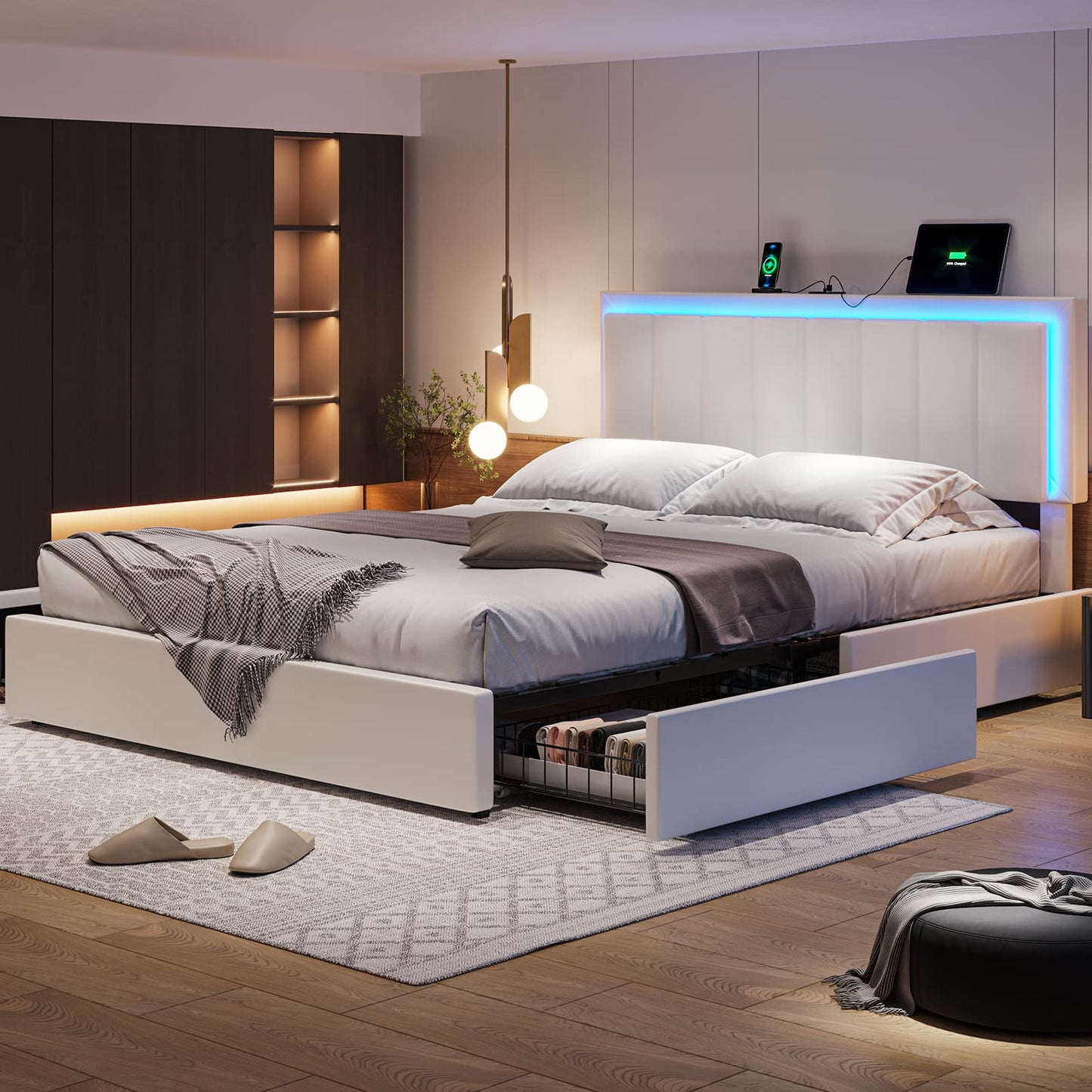 Hasuit LED Queen Bed Frame with 4 Storage Drawers & USB Charging Station - WoodArtSupply