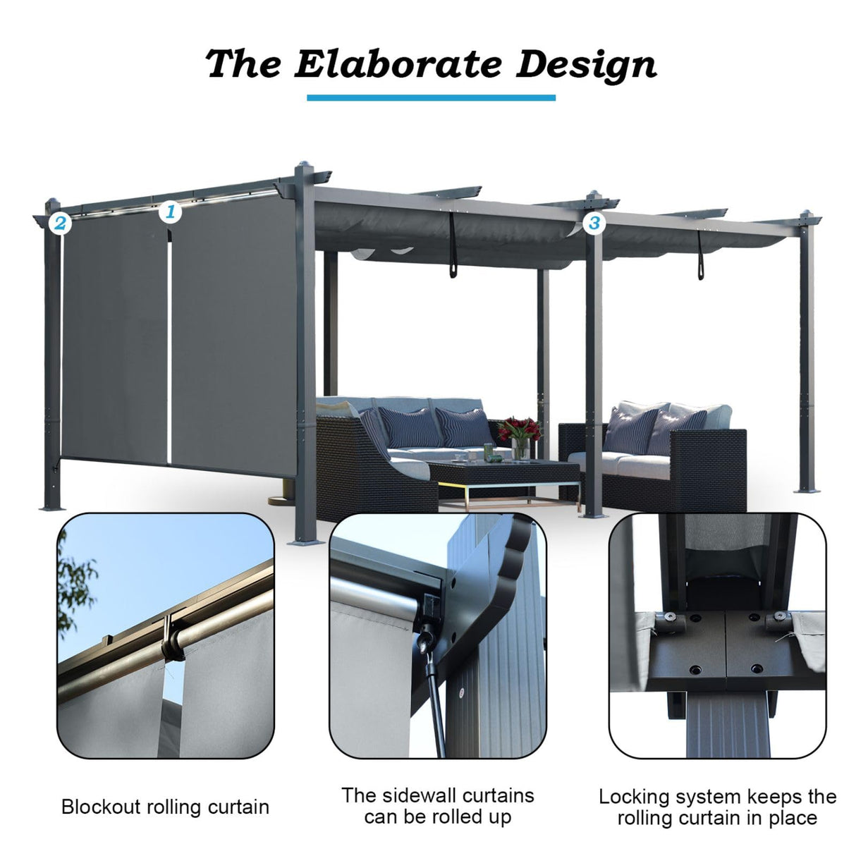 Aoodor 12 x 20 FT Outdoor Pergola with Retractable Shade Canopy, Dark Gray Matte Aluminum Frame, 2 Pieces Roller Shade Curtain, Grape Trellis Pergola for Patio Backyard and Deck - Charcoal Gray Aoodor