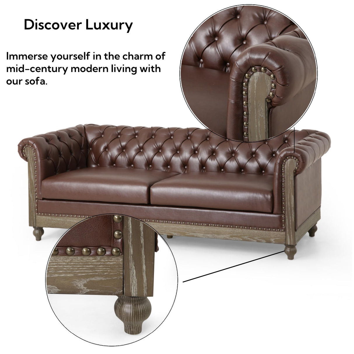 Merax PU Chesterfield Sofa, Retro Style Upholstered 3 Seater Leather Couch Rolled Arm for Living Room Bedroom Office, Dark Brown Merax