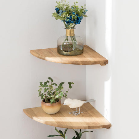 Corner Shelves, Floating Corner Shelf, Set of 2 7inch Solid Oak Wood Wall Shelves, Round End Wall Mount with Wire Hole Shelving for Small Plant for Bedroom Kitchen, Living Room Conamily