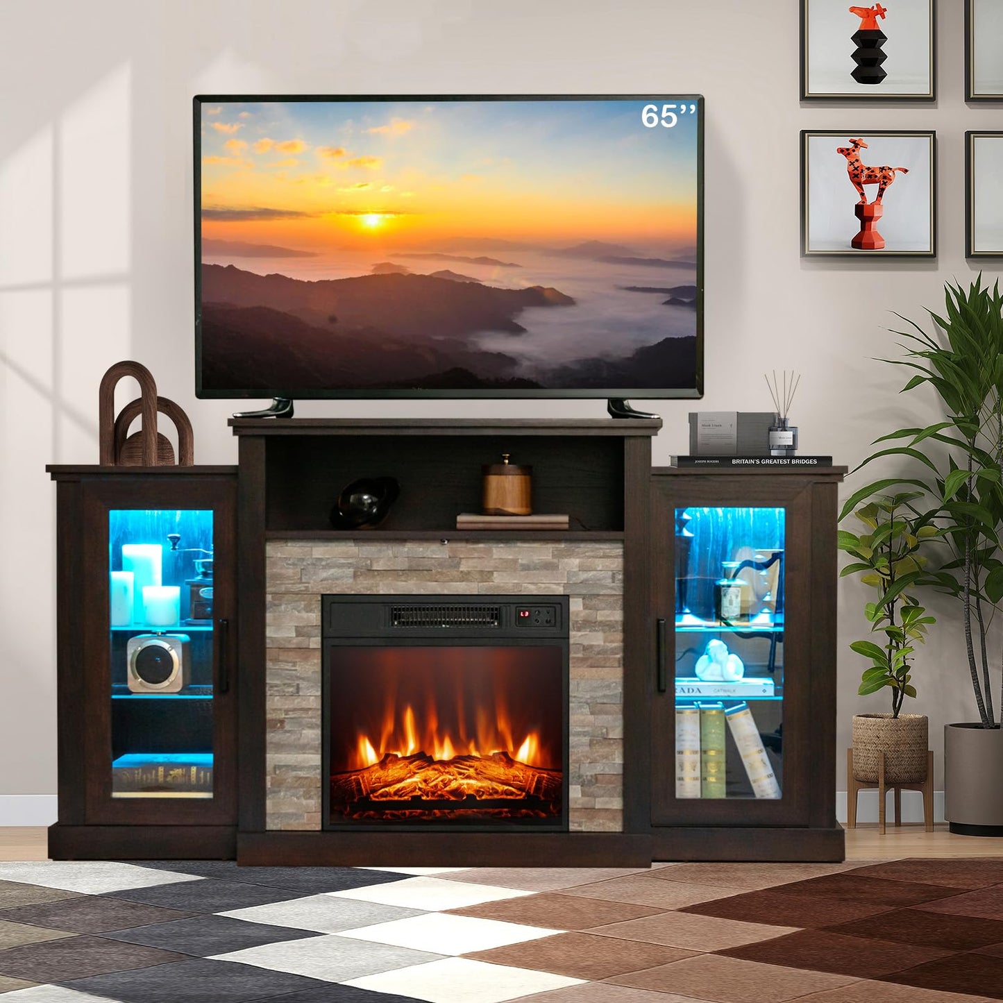 SIMOE Electric Fireplace TV Stand for 65in+ Tv, 19‘’ Fireplace with Mantel, Entertainment Center with 16 Color LED Lights, APP Control & 4 Mode, TV Console for Living Room, Remote Control, Timer