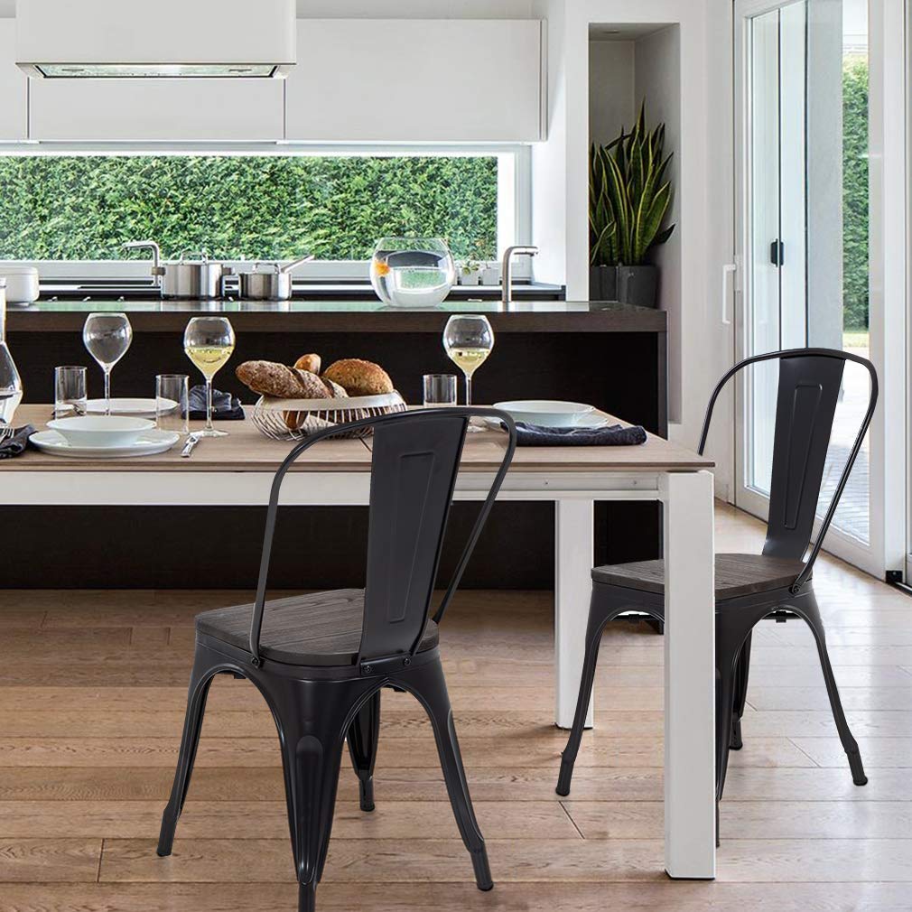 FDW Metal Dining Chairs Set of 4 Patio Chairs Furniture Indoor Outdoor Chairs Kitchen Metal Chairs Stackable Chair Tolix Side Bar Chairs Wooden Seat 18 Inch Seat Height Restaurant Chair,Black FDW