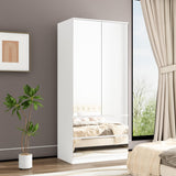 FUFU&GAGA Wardrobe with Mirror Doors, White Bedroom Armoire with 2 Drawers, Hanging Rod, Mirrored Closet Modern Clothes Storage Cabinet for Bedroom Cloakroom, 31.5”W x 19.7”D x 70.9”H FUFU&GAGA