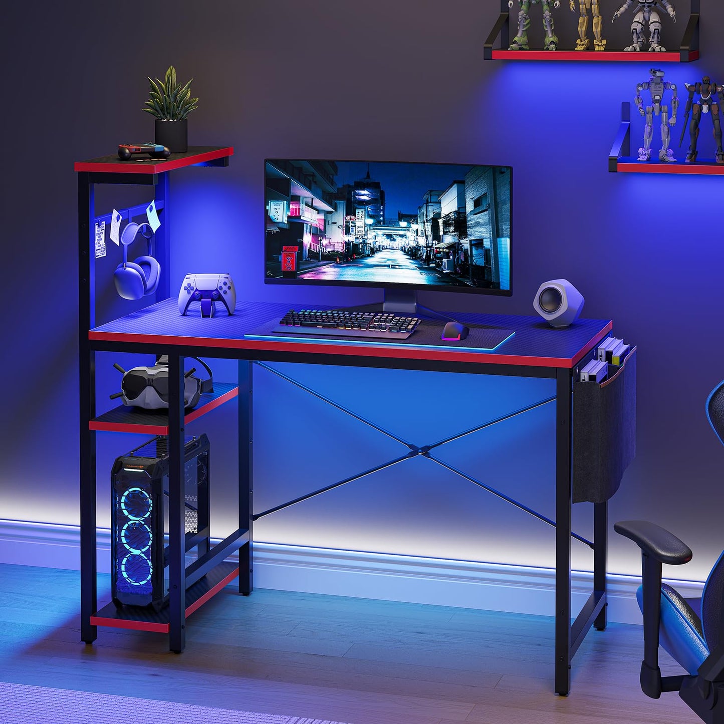 Bestier Gaming Desk with LED Lights, 44 Inch PC Gamer Desk for Small Spaces, Computer Desk with Reversible Storage Shelves & Side Storage Bag (Black 3D Carbon Fiber)