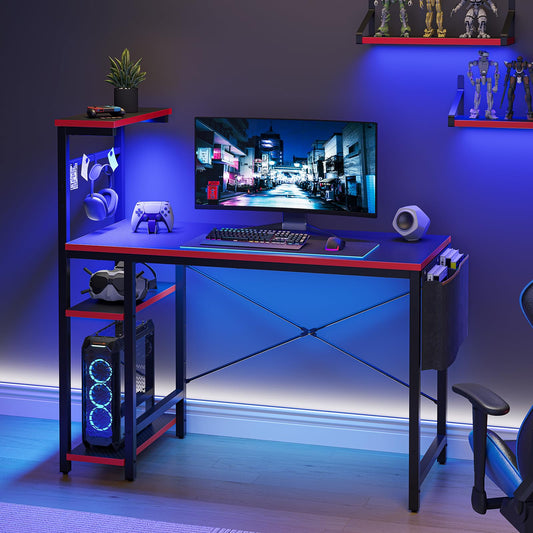 Bestier Gaming Desk with LED Lights, 44 Inch PC Gamer Desk for Small Spaces, Computer Desk with Reversible Storage Shelves & Side Storage Bag (Black 3D Carbon Fiber) - WoodArtSupply