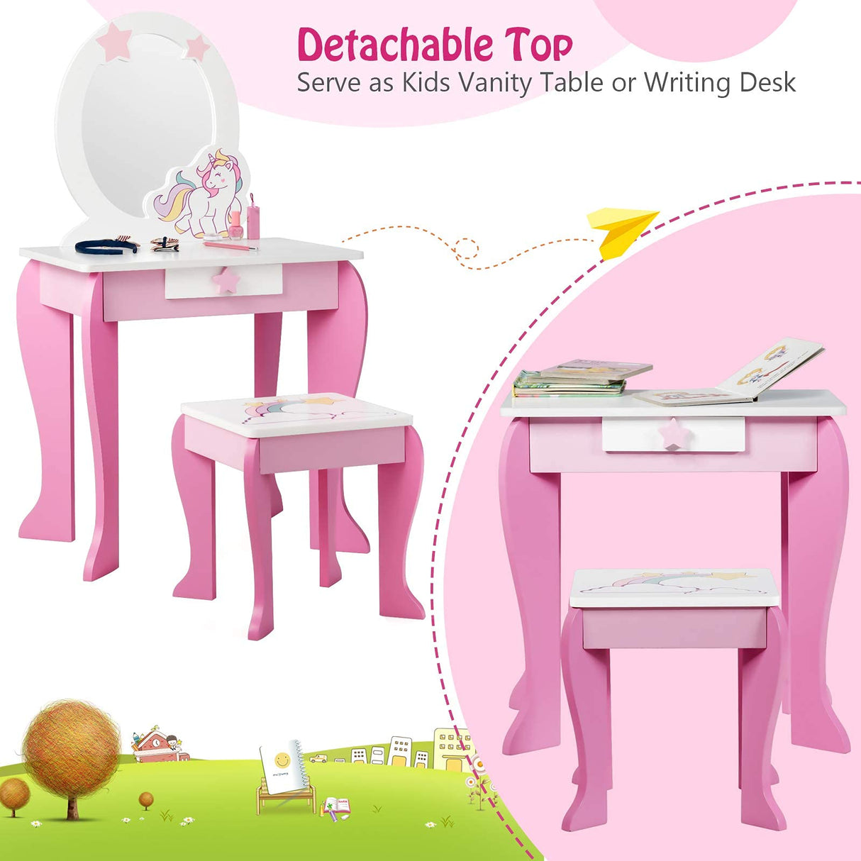 Costzon Kids Vanity Set with Mirror, 2 in 1 Wooden Princess Makeup Dressing Table with Detachable Top, Toddler Girls Vanity with Drawer & Stool, Pretend Play Vanity Set for Little Girls, Pink Costzon