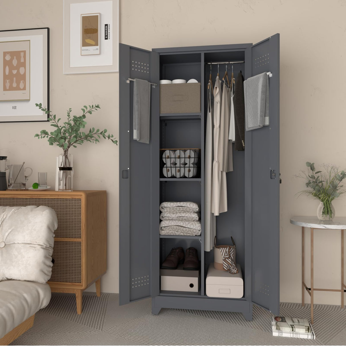 LUCYPAL 65" H Metal Garage Storage Cabinet with Shelves and Lock,Broom Closet Storage Cabinet with Hanging Rods for Mops,Garage Tool Cabinets for Utility Room,Laundry Room,Grey LUCYPAL