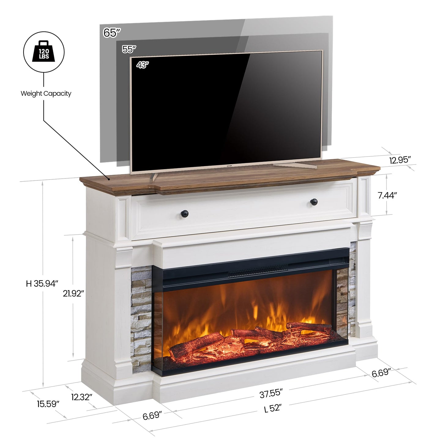 OKD 52" Electric Fireplace with Mantel, Freestanding Fireplace Heater TV Stand with 36" 3-Side Glass Insert for TVs Up to 65" with Storage Cabinet for Living Room, Antique White