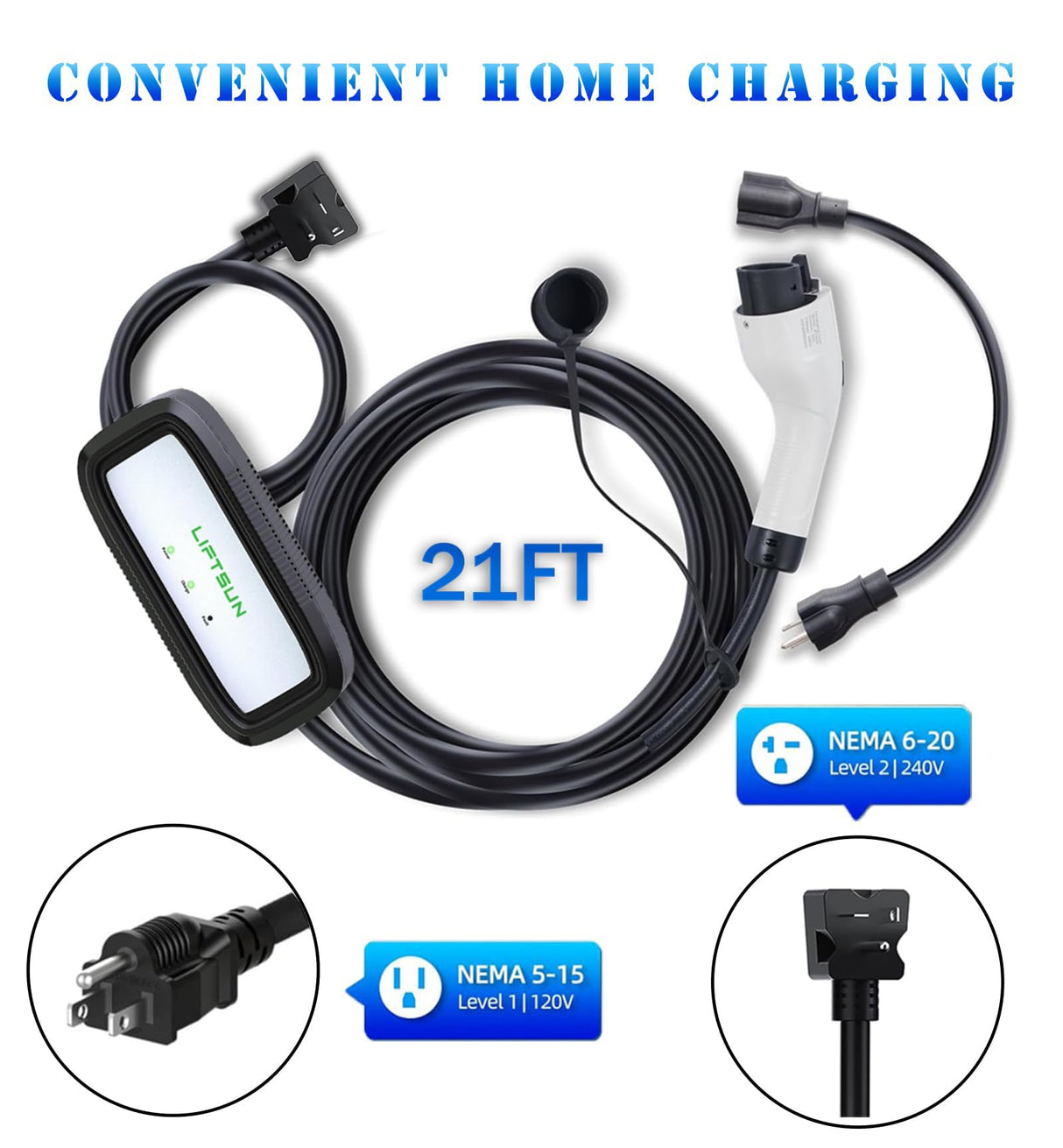 Liftsun Level 1+2 EV Charger, 16 Amp 120V or 240V, Portable Electric Vehicle Charger with 21Ft Charging Cable NEMA 6-20 Plug,Plug-in Home EV Charging Station for SAE J1772 EVs(Tesla Need Adapter) Liftsun