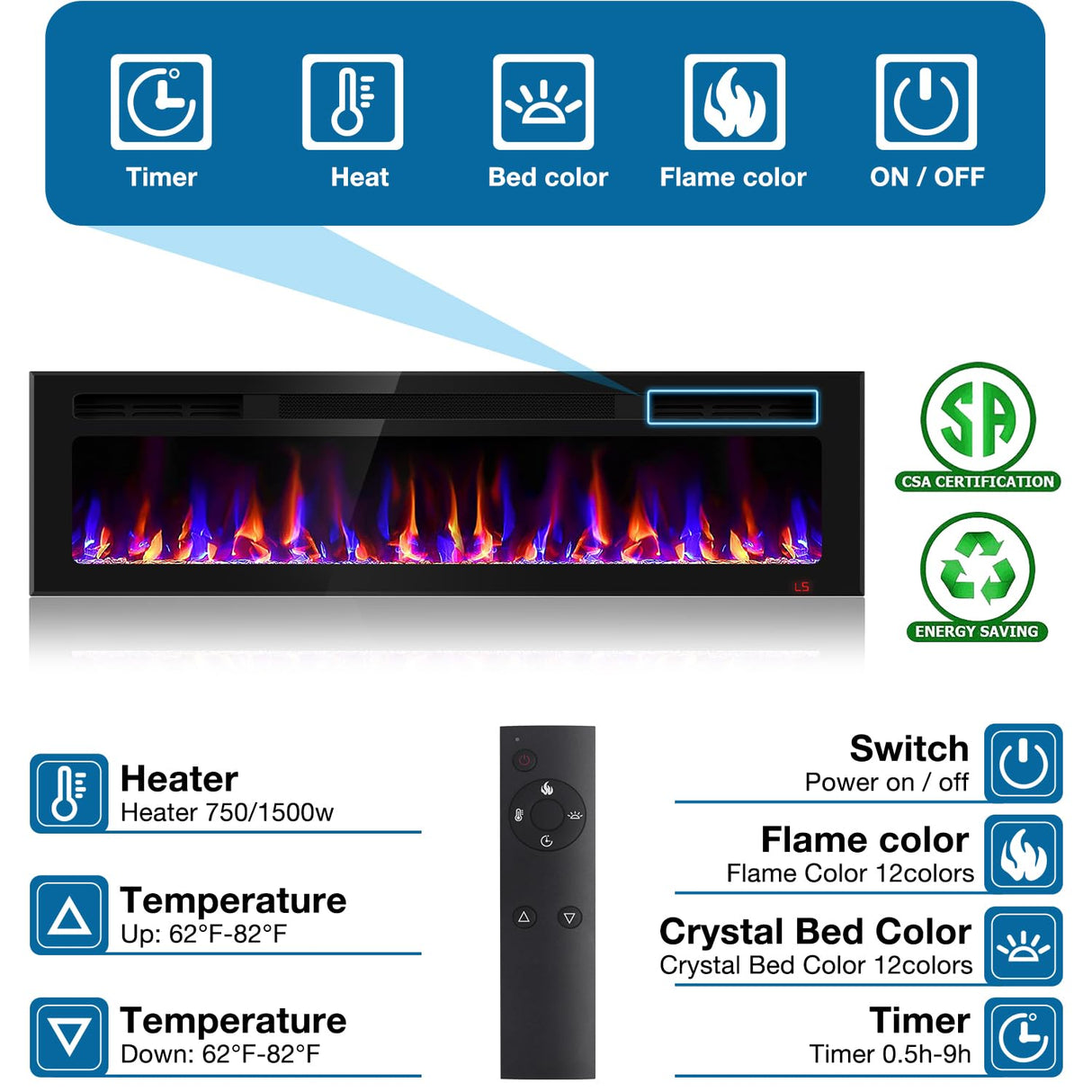 60 Inch Electric Fireplace Recessed and Wall Mounted, Fireplace Heater and Linear Fireplace, Ultra-Thin Electric Fireplace, Low Noise, with Timer, Remote Control, Adjustable 12 Flame Color, 750/1500W Sixfivsevn