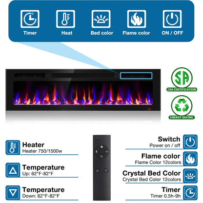 60 Inch Electric Fireplace Recessed and Wall Mounted, Fireplace Heater and Linear Fireplace, Ultra-Thin Electric Fireplace, Low Noise, with Timer, Remote Control, Adjustable 12 Flame Color, 750/1500W