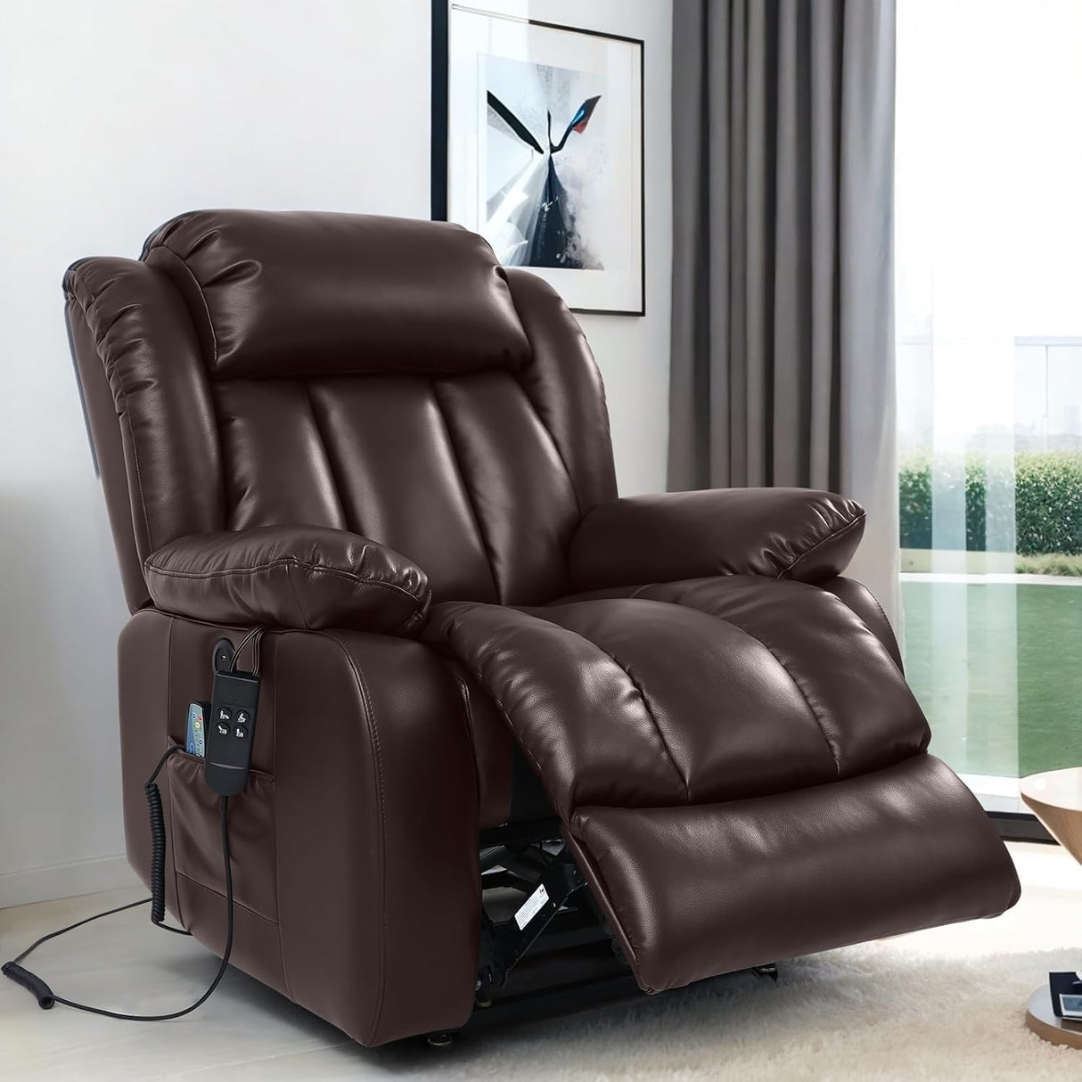 TEKAMON Dual Motor Power Lift Recliner Chair for Elderly, Breathable Leather Recliner with Heat & Massage, Lay Flat Sleeping Chairs with Infinite Position, Remote Control & USB Ports(Brown) TEKAMON