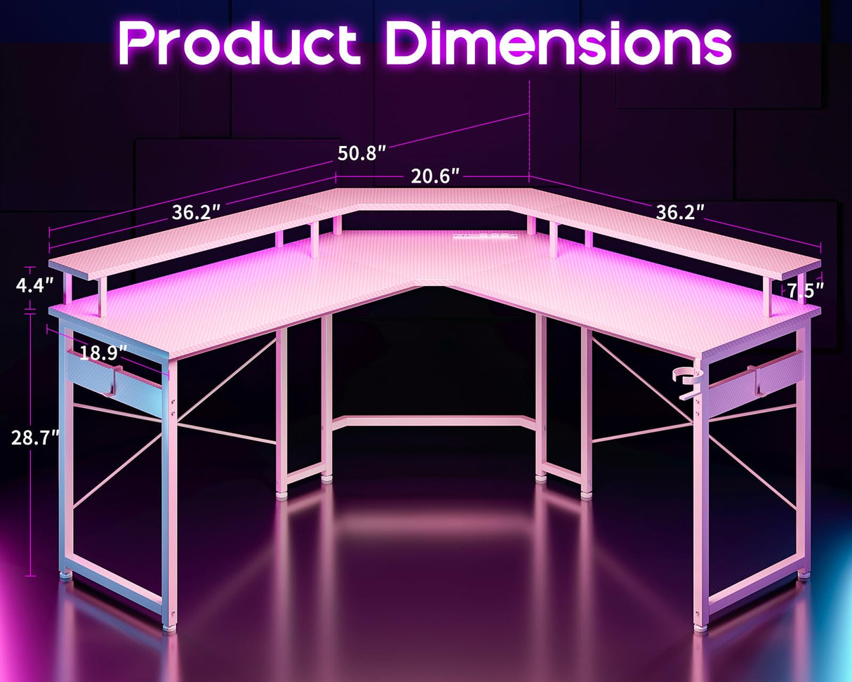 ODK L Shaped Gaming Desk with LED Lights & Power Outlets, 51" Computer Desk with Full Monitor Stand, Corner Desk with Cup Holder, Gaming Table with Hooks, Pink ODK