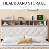 DWVO Queen Size Storage Bed Frame with 4-Drawer, Upholstered Platform Bed Frame with USB Charging Ports & Bookcase Headboard, Simple Setup, No Requirement for Box Spring (Beige) DWVO