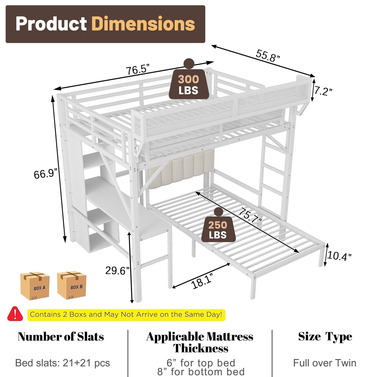 MoproBeti Bunk Bed with Desk,Upper Shelf & Storage Bookshelves,Metal L-Shaped Full Over Twin Bunk Beds with LED & Charge Station,Full Loft Bed w/Ladder,Safety Guardrail for Boys Girls,White MoproBeti